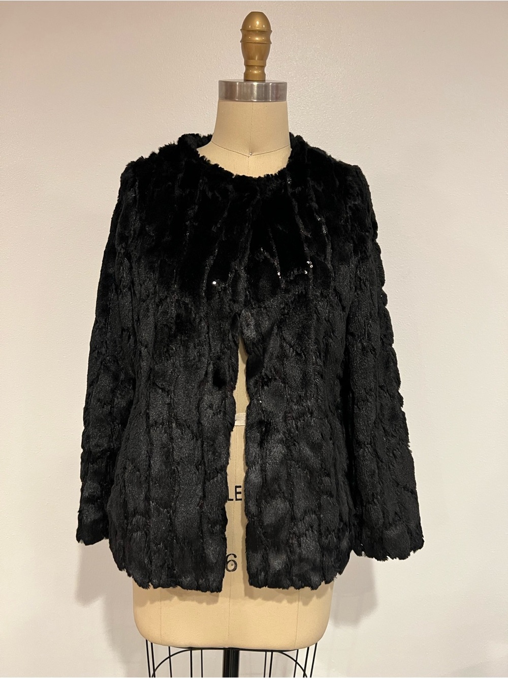Milly Minis Black Faux Fur With Sequins Open-Front Teddy Jacket